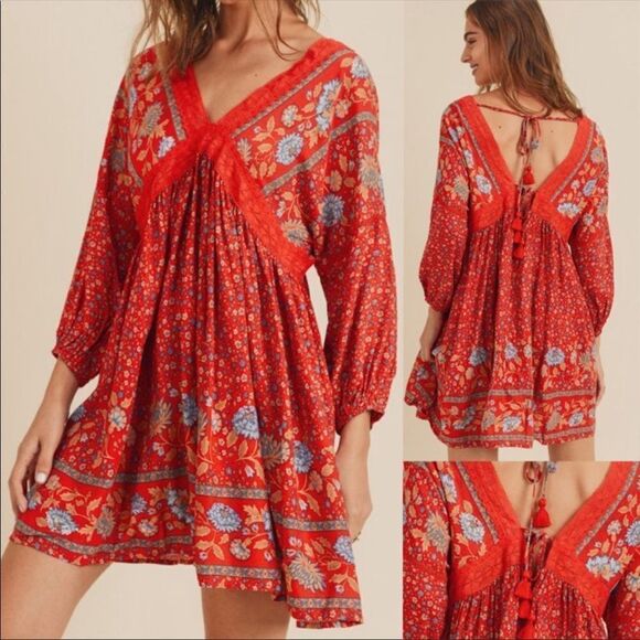 ✨
Cherry Red Floral BOHO Deep V Neck Tassel Tie Low Back Tunic Mini Dress✨ - Picture 5 of 10